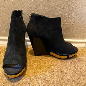 Vince Camuto black suede peep toe wedges with gold accent